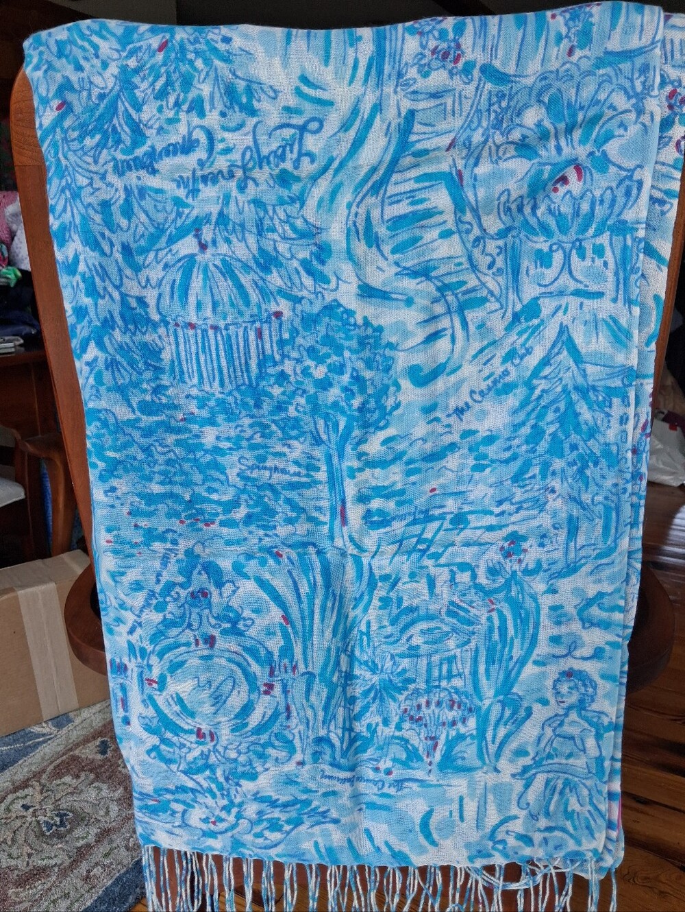 Lilly Pulitzer Murfee Scarf "Lilly Loves the Greenbrier" Blue Silk/cashmere NWOT